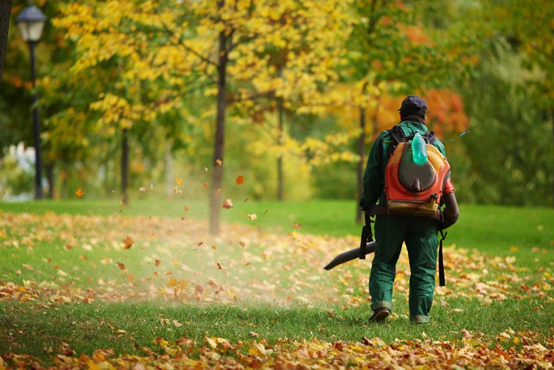 Worker in autumn with a leaf blower
